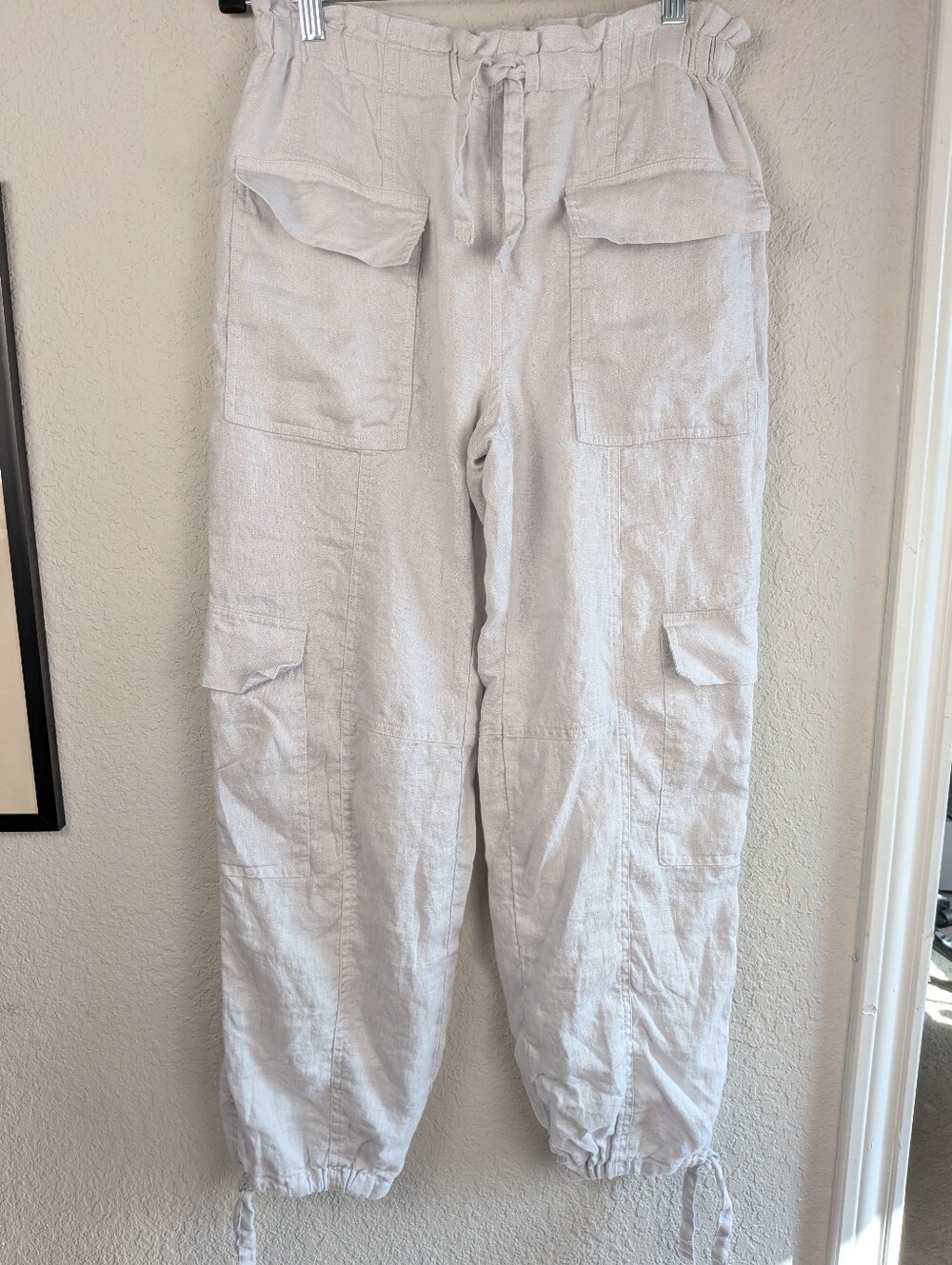 Magaschoni 100% Linen Cargo Jogger Pants Size S Dove Gray Elastic Drawstring